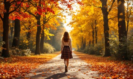 une-femme-portant-une-jupe-ecossaise-se-promene-dans-un-parc-automnal-entouree-de-feuilles-colorees-tombant-des-arbres-avec-une-lumiere-douce-filtrant-a-travers-les-branches