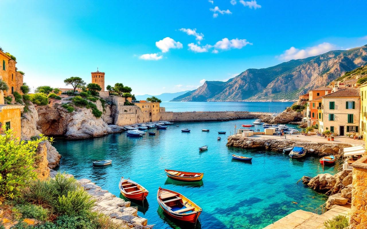 vue-du-port-de-girolata-aux-eaux-turquoise-une-tour-genoise-en-pierre-sur-la-falaise-petites-barques-amarrees-et-un-quai-en-pierre-sous-une-lumiere-douce-de-fin-dapres-midi