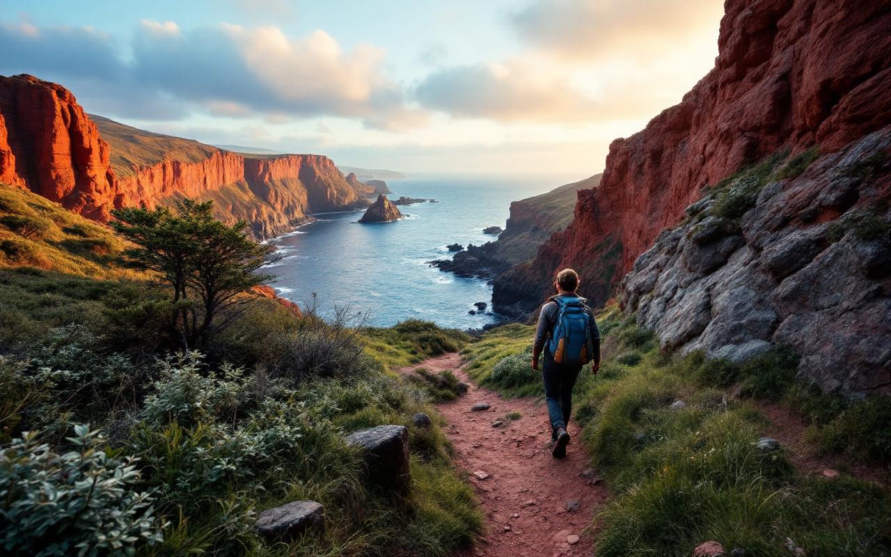 Un randonneur marche le long d'un sentier c&ocirc;tier &eacute;troit, surplombant de hautes falaises rouges qui descendent vers une mer vaste. Herbes souffl&eacute;es par le vent, textures de roche marqu&eacute;es et lumi&egrave;re douce de fin d'apr&egrave;s-midi cr&eacute;ent une ambiance paisible.