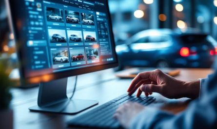 Illustration éditoriale d’un acheteur comparant plusieurs annonces automobiles sur un ordinateur, dans une ambiance business et high-tech, avec une voiture d’occasion floue en arrière-plan.