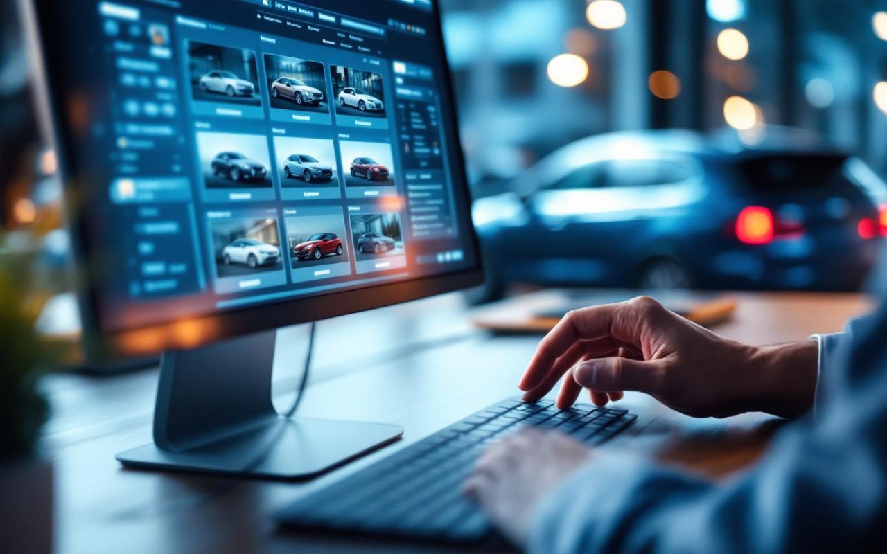 Illustration éditoriale d’un acheteur comparant plusieurs annonces automobiles sur un ordinateur, dans une ambiance business et high-tech, avec une voiture d’occasion floue en arrière-plan.