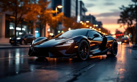 Jeune homme influenceur automobile posant à côté d’une supercar sur une rue urbaine premium au crépuscule, ambiance numérique et éditoriale, éclairage cinématographique et reflets néon sur le sol.