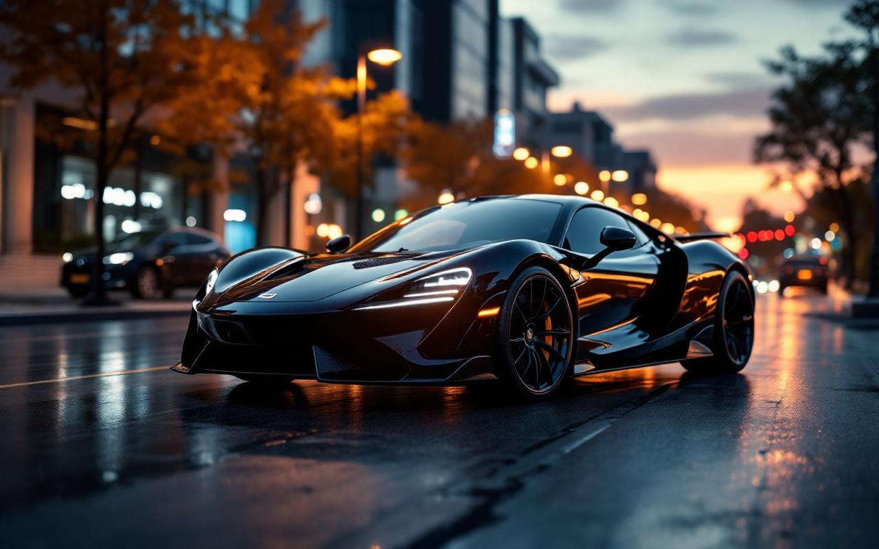 Jeune homme influenceur automobile posant à côté d’une supercar sur une rue urbaine premium au crépuscule, ambiance numérique et éditoriale, éclairage cinématographique et reflets néon sur le sol.