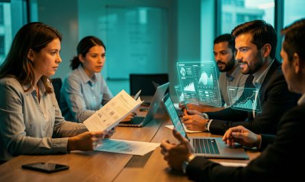 Réunion de cadrage en entreprise avec un homme et une femme autour d’une table, consultant des documents et des graphiques high-tech sur écran, ambiance business et éclairage bleu-vert.