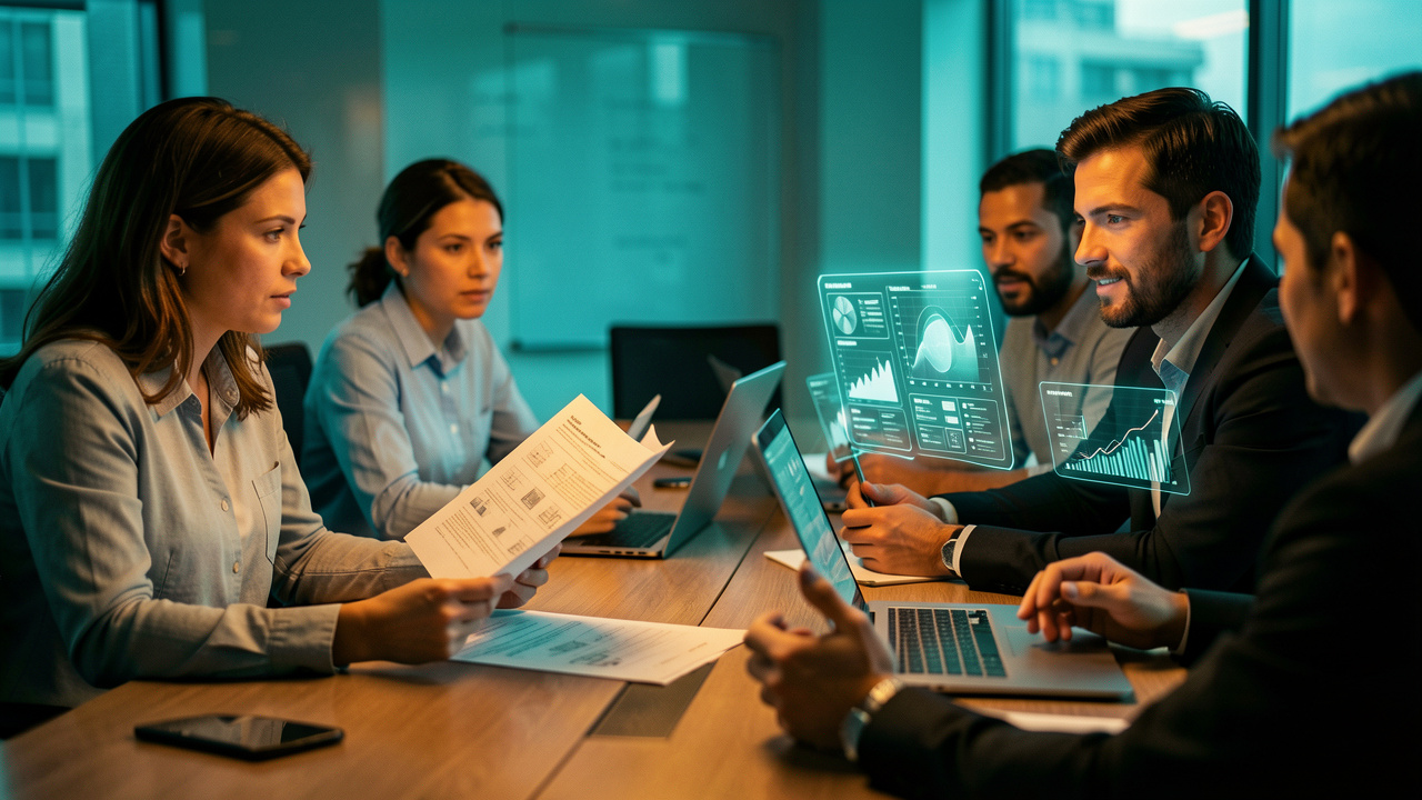 Réunion de cadrage en entreprise avec un homme et une femme autour d’une table, consultant des documents et des graphiques high-tech sur écran, ambiance business et éclairage bleu-vert.