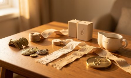 Sélection élégante d’objets symboliques personnalisés posés sur une table en bois, dans une ambiance douce et chaleureuse.