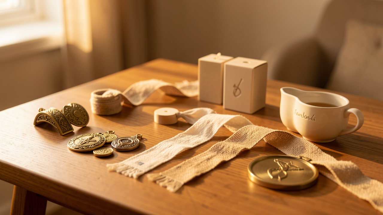 Sélection élégante d’objets symboliques personnalisés posés sur une table en bois, dans une ambiance douce et chaleureuse.