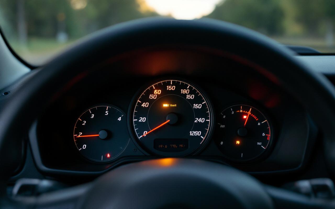Tableau de bord de voiture vu depuis le siège conducteur, avec un voyant de contrôle d’injection allumé, éclairage doux et ambiance réaliste rassurante.