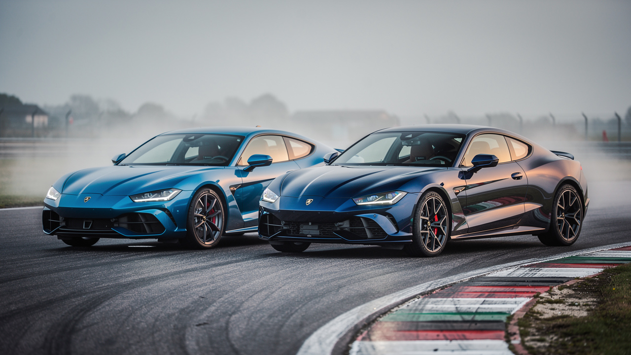 Deux compactes sportives premium vues de trois quarts avant sur un circuit, dans une ambiance de presse automobile avec une lumière naturelle.