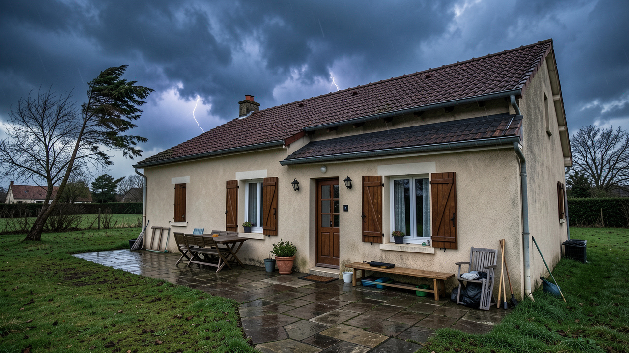 Maison individuelle française préparée avant une tempête, avec volets fermés, mobilier de jardin rangé et ciel orageux.