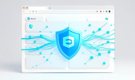 Illustration high-tech d’un navigateur qui bloque une connexion numérique dangereuse grâce à un bouclier DNS lumineux, dans une interface claire aux tons blancs et bleus.