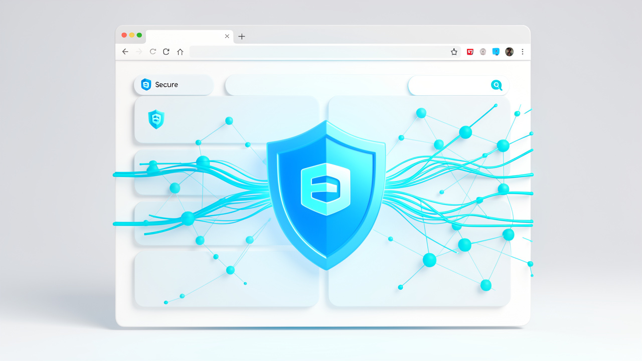 Illustration high-tech d’un navigateur qui bloque une connexion numérique dangereuse grâce à un bouclier DNS lumineux, dans une interface claire aux tons blancs et bleus.