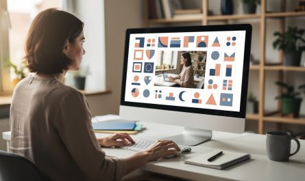 Une femme devant un ordinateur consulte une interface de recherche inversée d’image avec une photo principale et des vignettes visuellement similaires, sans contenu textuel lisible.