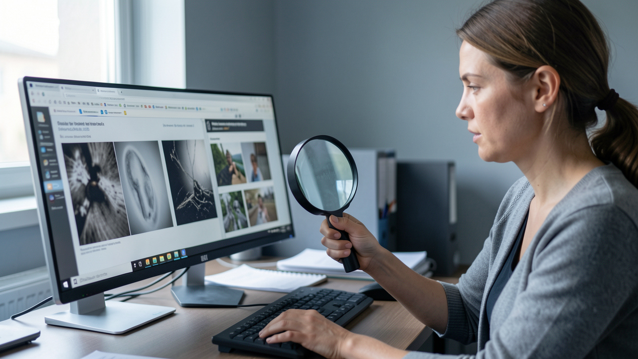 Femme examinant attentivement une photo sur un ordinateur à l’aide d’une loupe numérique dans un bureau sobre.
