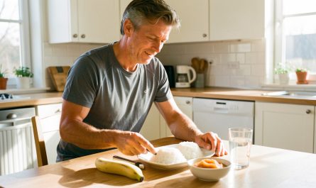 Un coureur amateur prépare un repas léger composé de riz blanc, d’une banane mûre, de compote et d’eau sur une table de cuisine lumineuse.