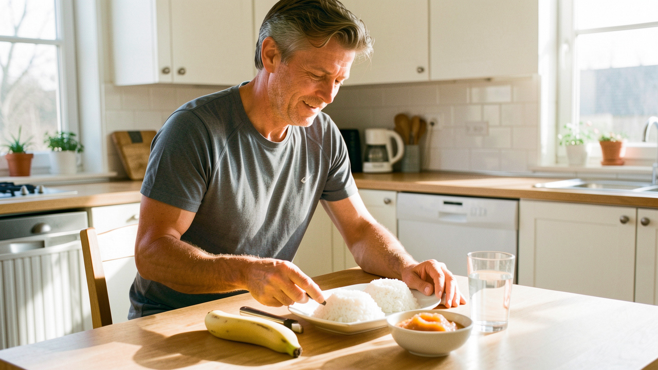 Un coureur amateur prépare un repas léger composé de riz blanc, d’une banane mûre, de compote et d’eau sur une table de cuisine lumineuse.