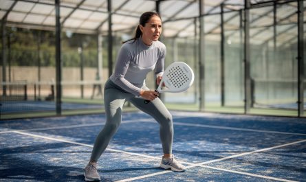 Joueuse adulte de padel tenant une raquette ronde légère sur un court couvert éclairé par la lumière naturelle.