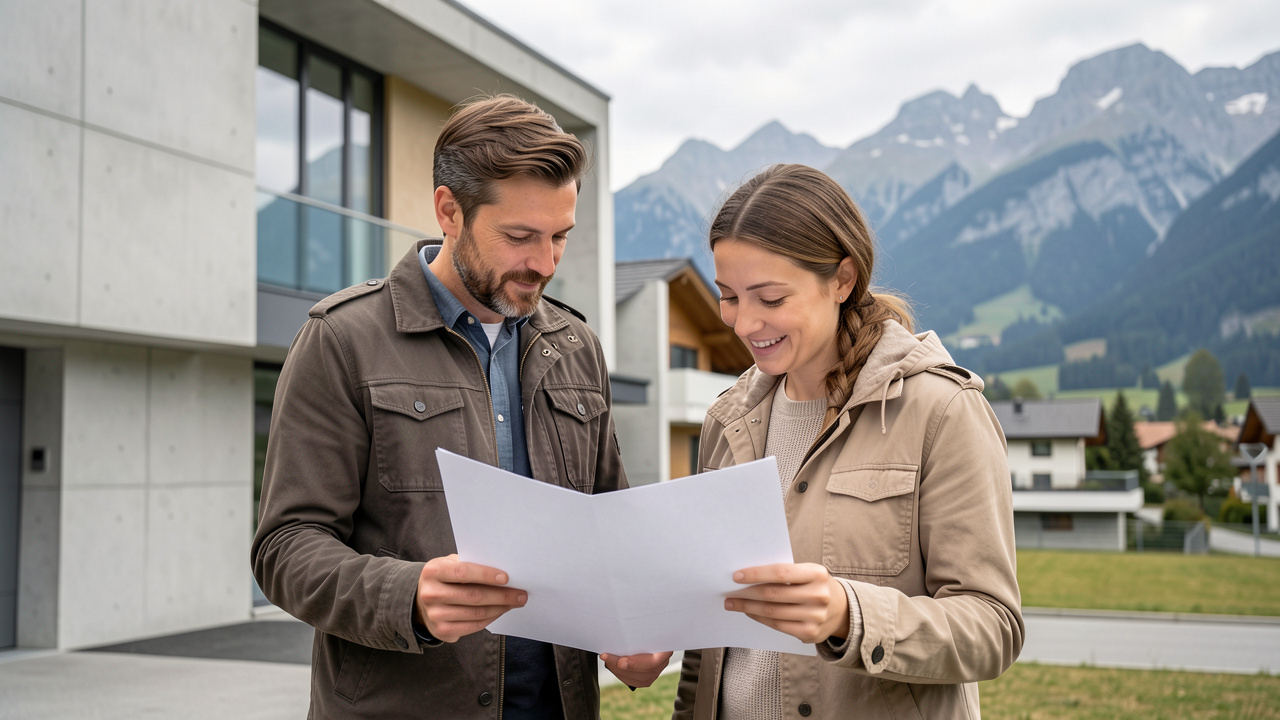 Un homme et une femme examinent des documents vierges devant un immeuble résidentiel suisse moderne, avec des montagnes discrètes à l’arrière-plan.