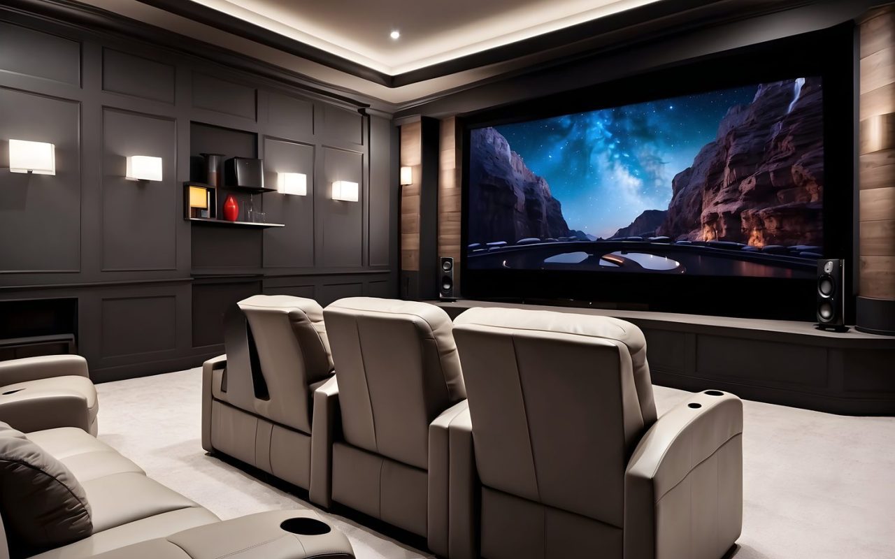 Salon aménagé avec un écran de projection, des enceintes et des fauteuils pour une installation home cinéma.