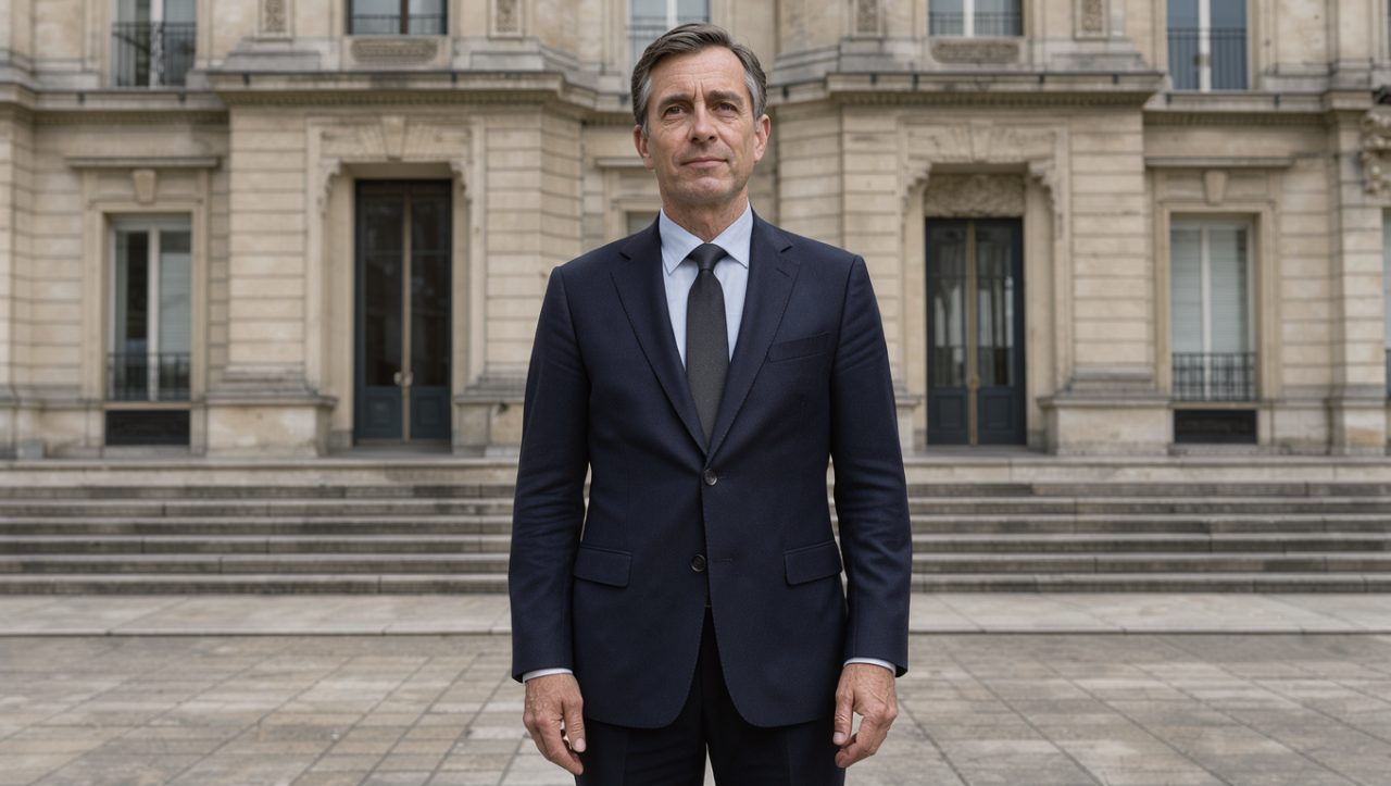 Portrait éditorial réaliste d’un haut fonctionnaire français devant la façade sobre d’un ministère parisien, dans une ambiance institutionnelle et une lumière douce.